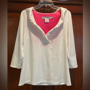 Gretchen Scott ruffle v neck blouse. Size Med, white, 3/4 sleeve. Excellent cond